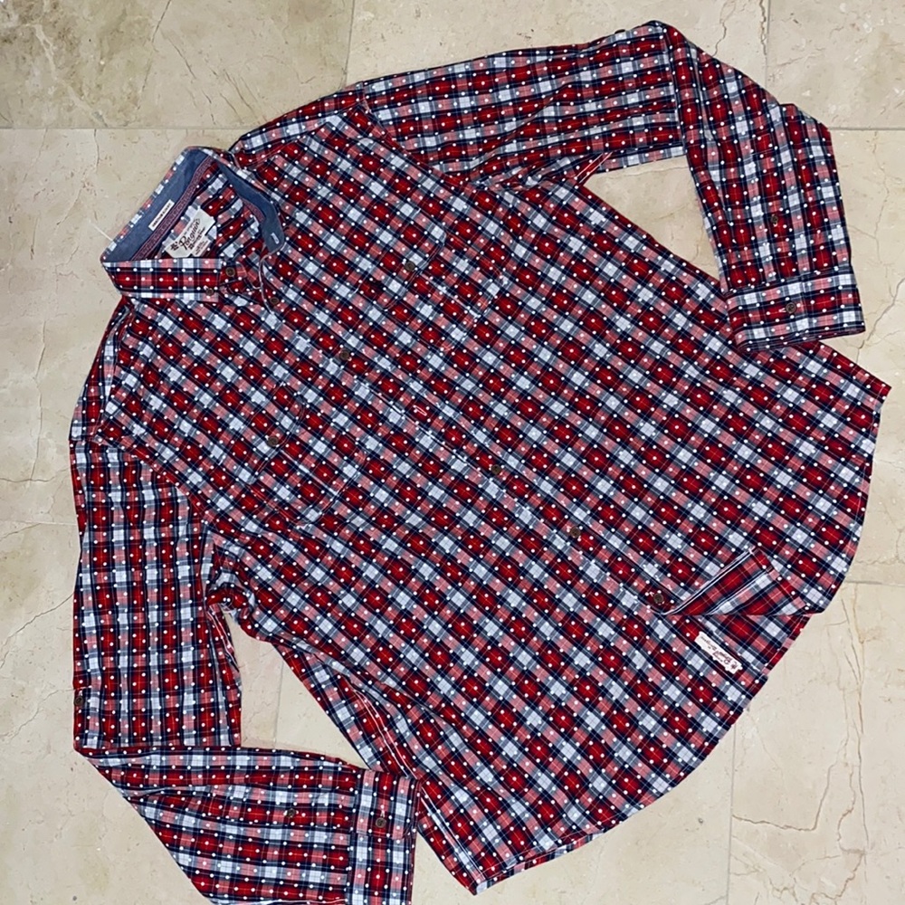 ORIGINAL PENGUIN Long Sleeve Plaid and Polka Dot Button Down Shirt